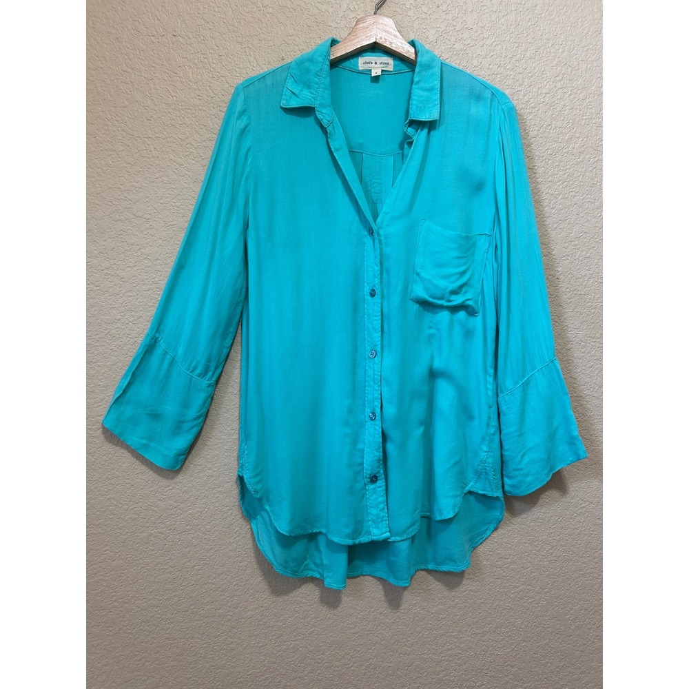 Cloth & Stone small Button Shirt Turquoise Teal Long Western Boho High Low Hem